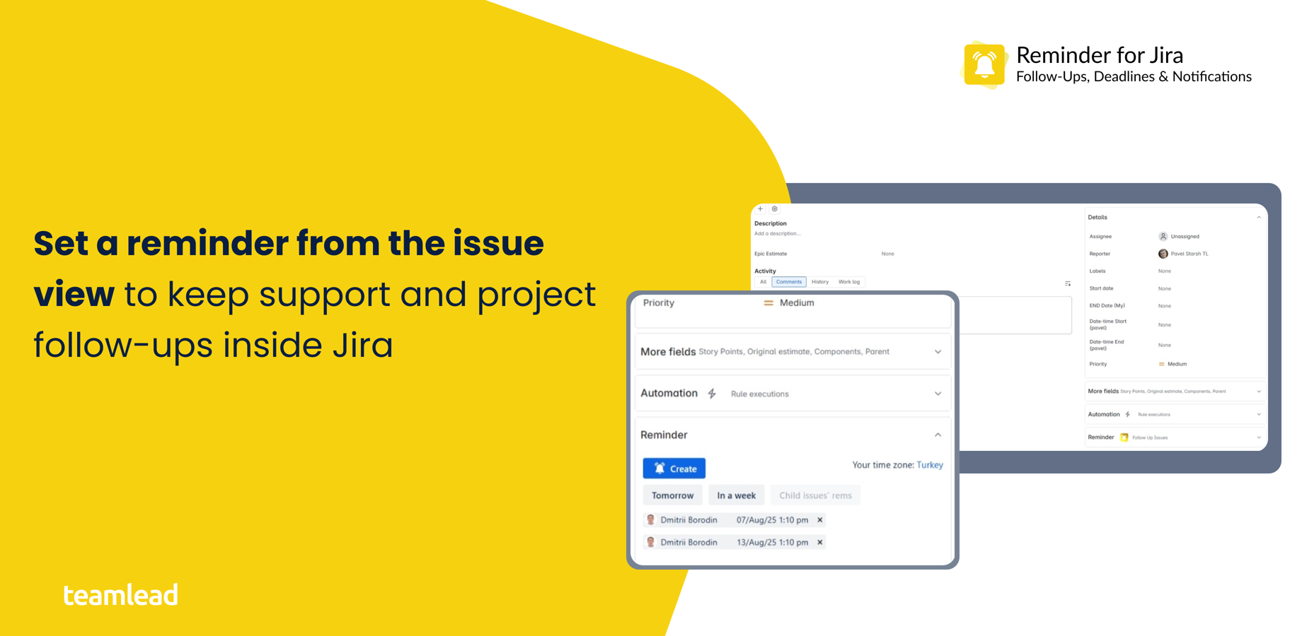 Set a reminder from the issue view to keep support and project follow-ups inside Jira