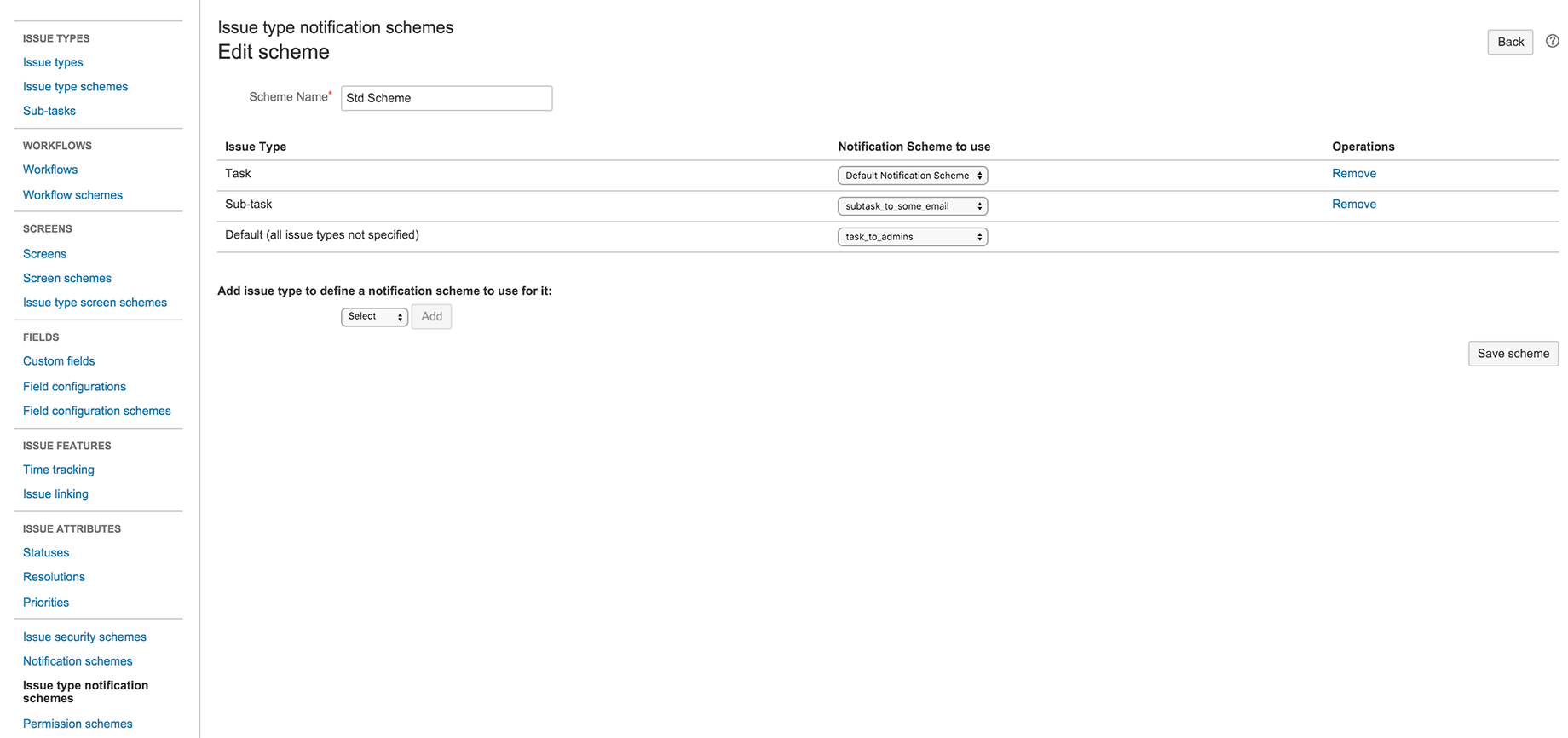Easily create a scheme by setting the issue type to notification scheme mappings.