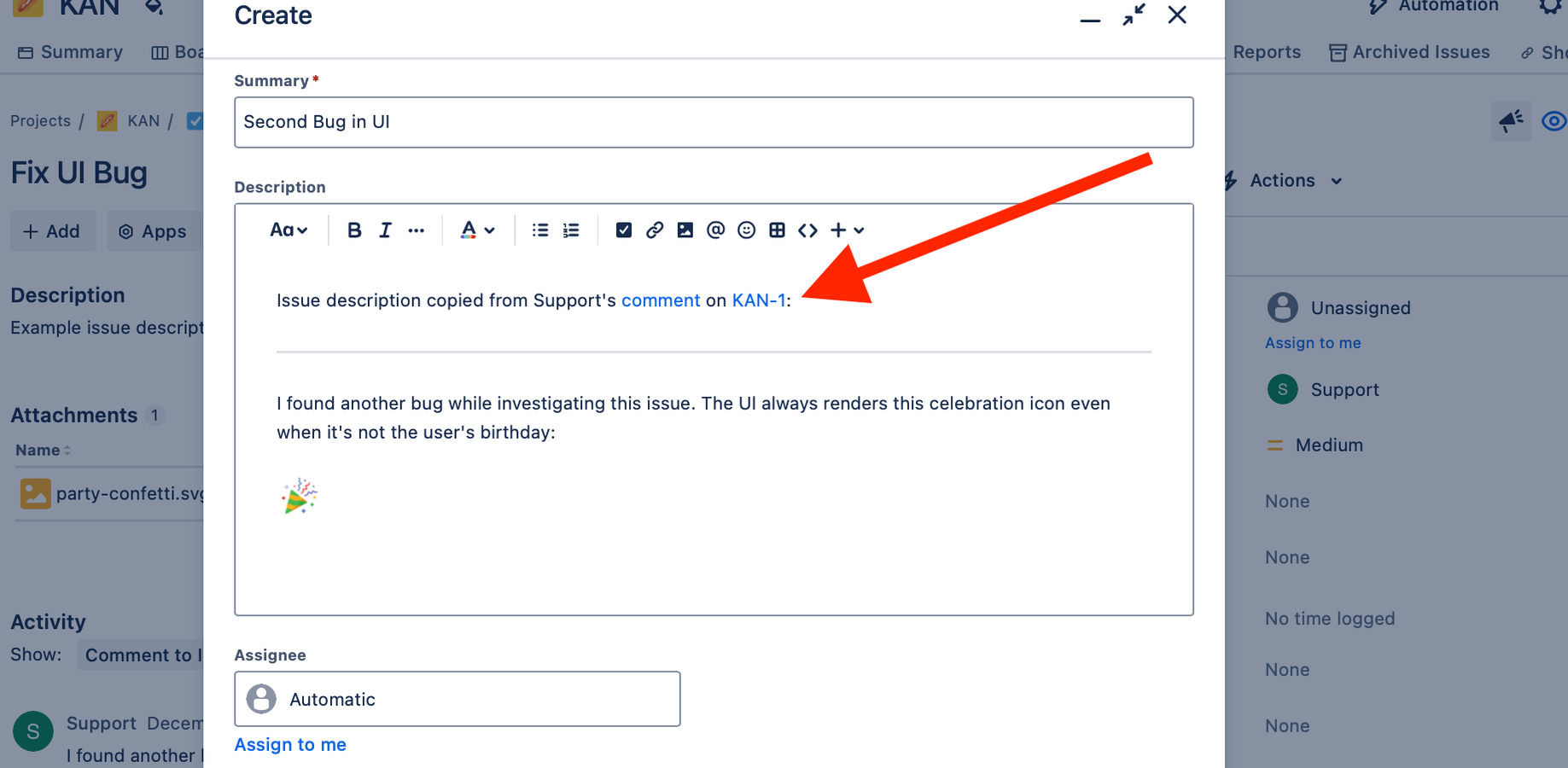 Open new issue form prefilled with comment data