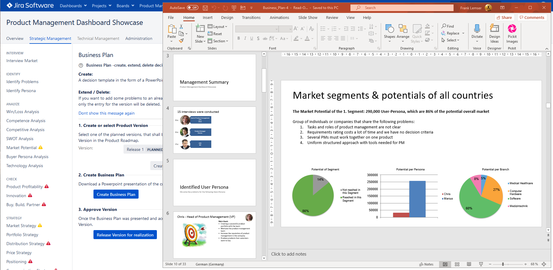 100% market fact based Agile Business Plan™ as PowerPoint in 2 hours, with market potentials, all strategies, prices, costs, market-message and strategic roadmap in product management software for JIRA.
