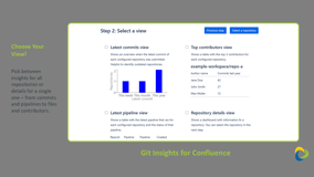 After selecting a repository or workspace select what to show: latest commits, top contributors, pipeline status, a detailed repo dashboard, a file tree, or a single file’s contents
