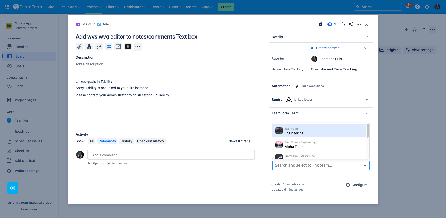 Find and select your teams to link them to work in Jira.
