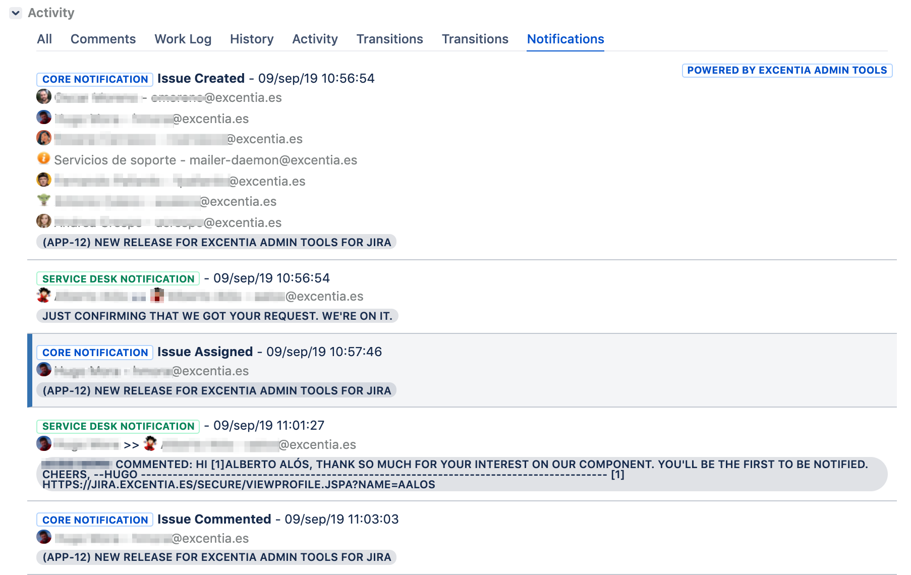 Issue tab with Core and SD notification log