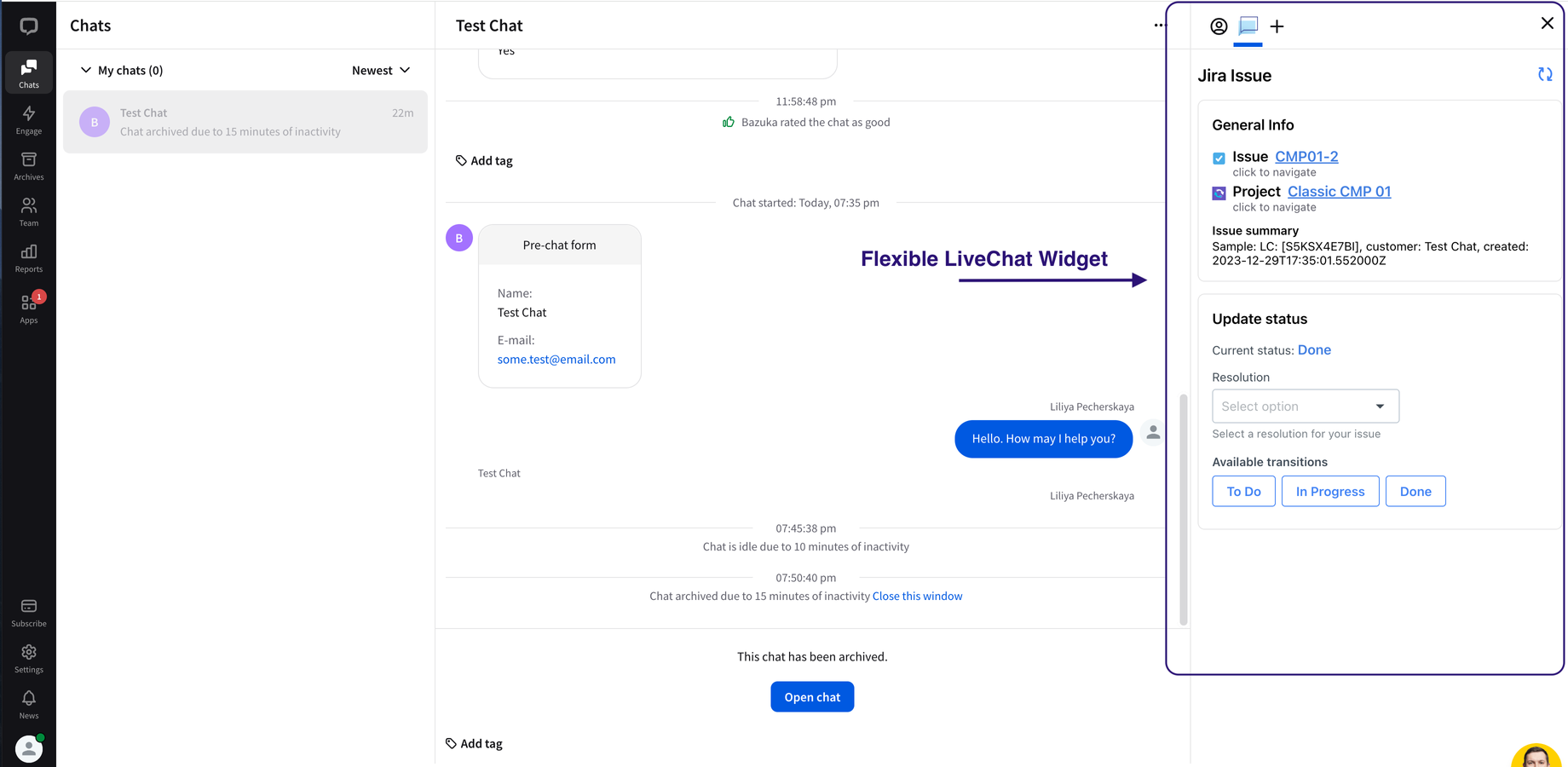 ​You can easily find and update newly created Jira issues right from the LiveChat Widget