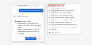 In Auto mode the agent scores several issues in one go, up to your bulk limit, after you confirm: here 9 RICE scores in CHK.