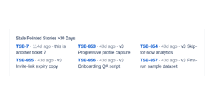 Stale Pointed Stories >30 days: stories still pointed long after refinement, so context may have drifted—flag them before they slip into the next sprint commitment
