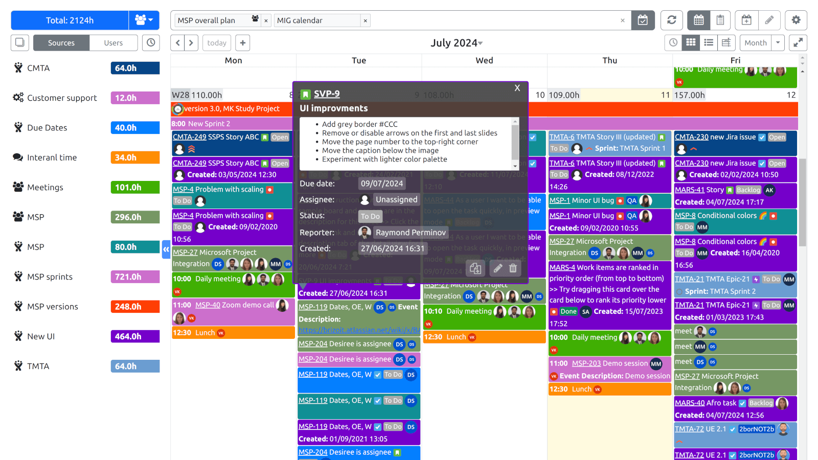 Configure multiple calendars. Each calendar can consolidate and display multiple event sources. Define event colors and issue fields to display.