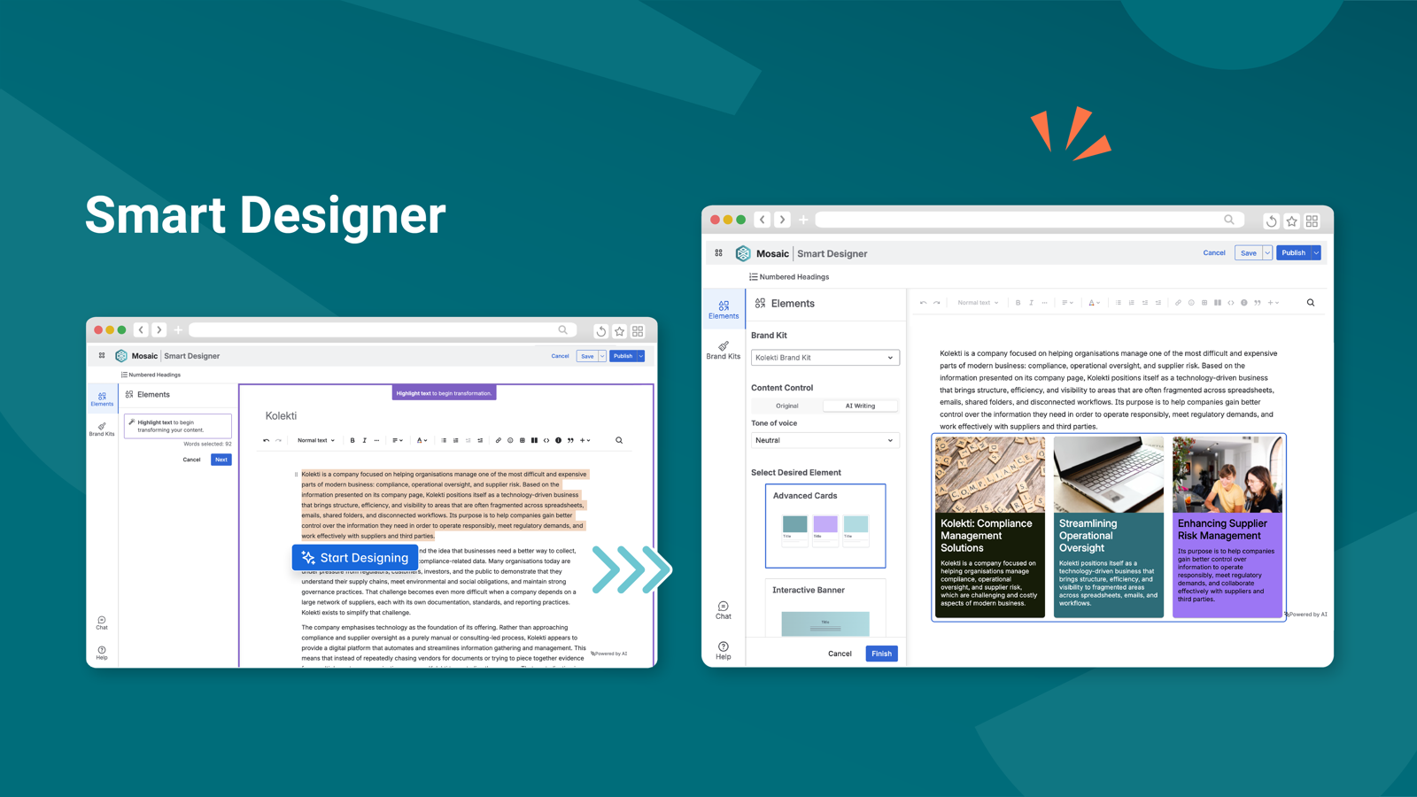 Your Confluence page, now with added magic. Highlight your text, click 'Start designing', and watch your content come to life.