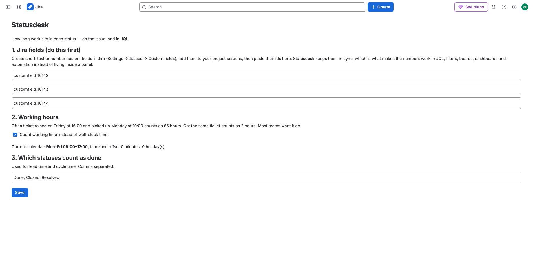 The admin page: field ids, the working-hours calendar and which statuses count as done.
