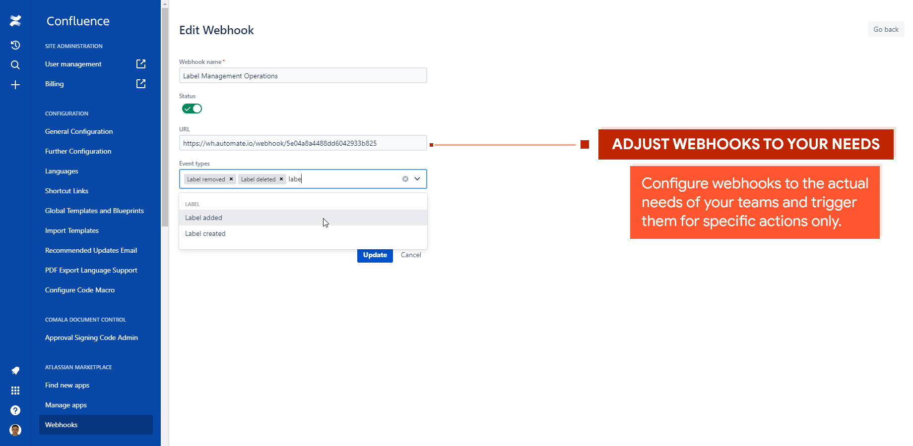 Set up webhooks for specific actions that occur in Confluence on a regular basis