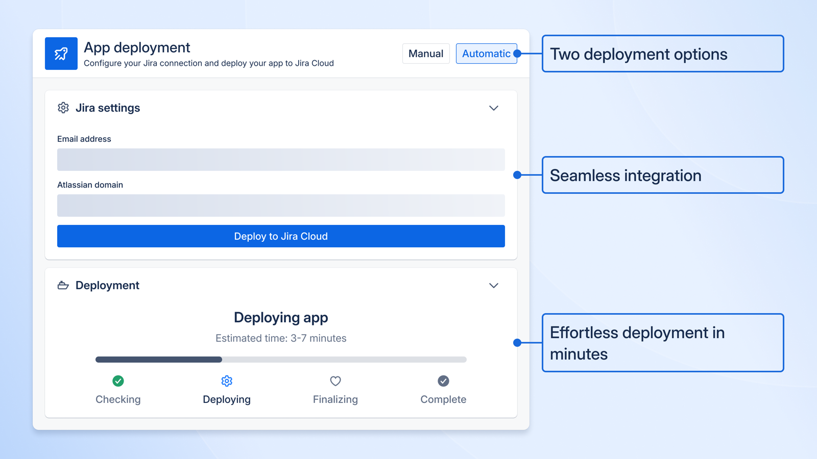 Deploys instantly on Atlassian Forge — secure, reliable, and built to run inside Jira.