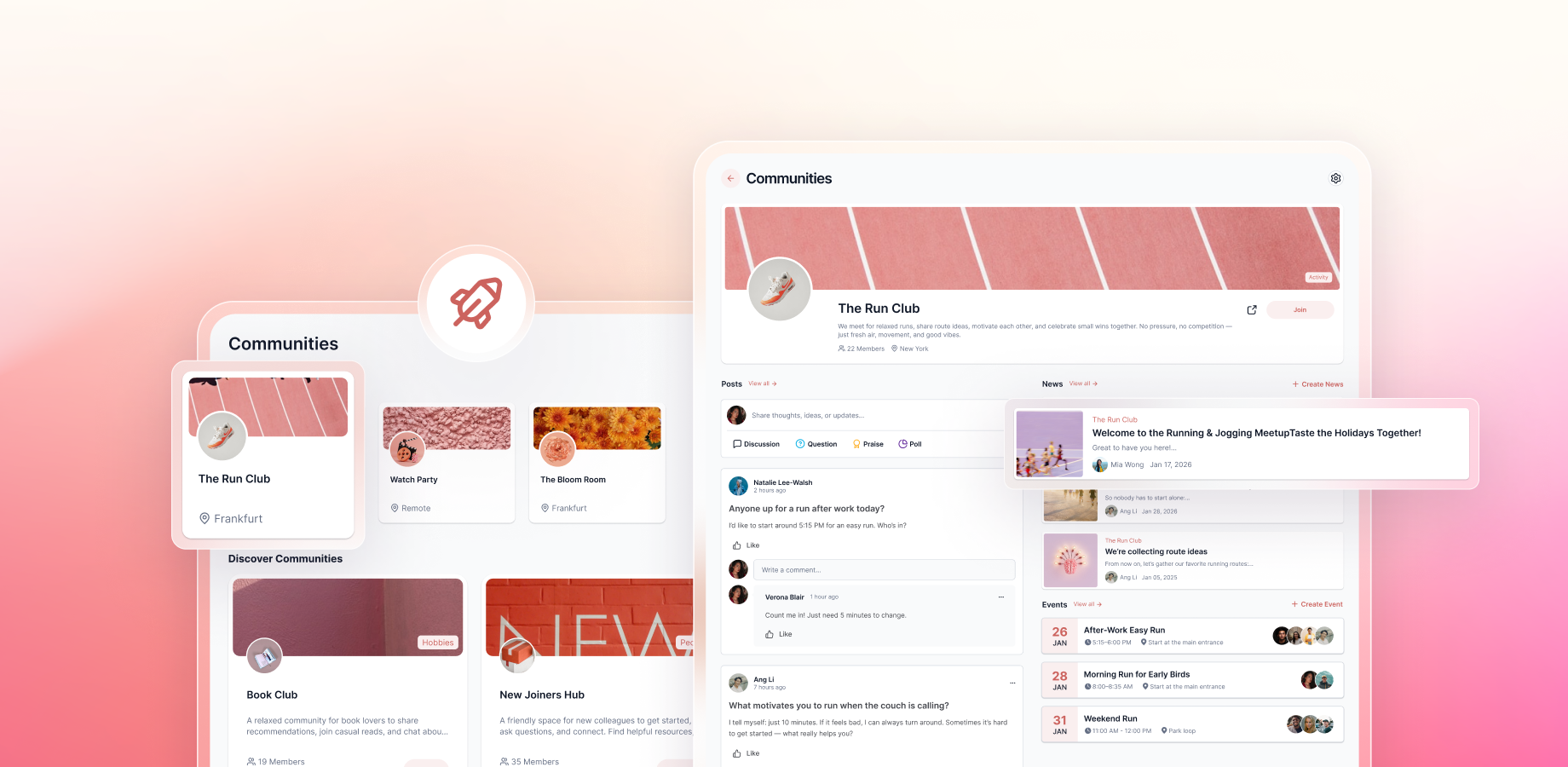 Screenshot showing Mantra Communities with public and private spaces, social interactions like likes, comments, and emojis, and tailored dashboards for teams, projects, and company-wide collaboration.