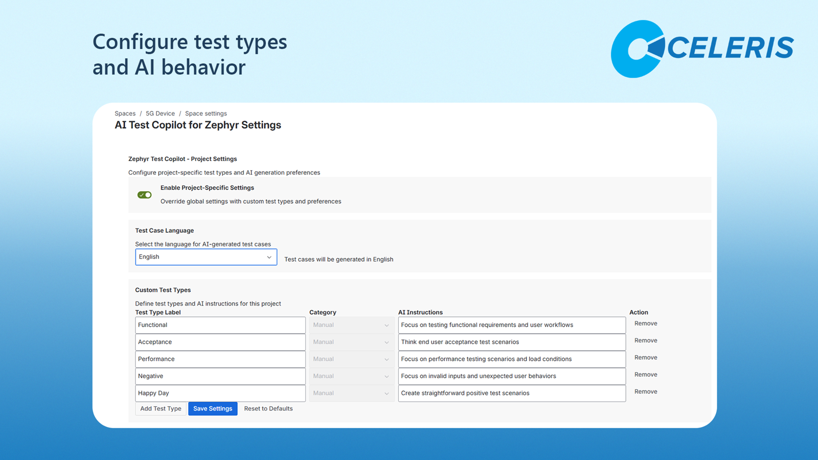 Configure AI-powered Zephyr test generation by customizing test types, language, and reusable instructions for each project.
