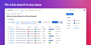 Pin a JQL search to any issue and the Issue Results panel runs it for everyone who opens that issue. Switch between Basic and JQL, choose columns and sort results by priority or status.