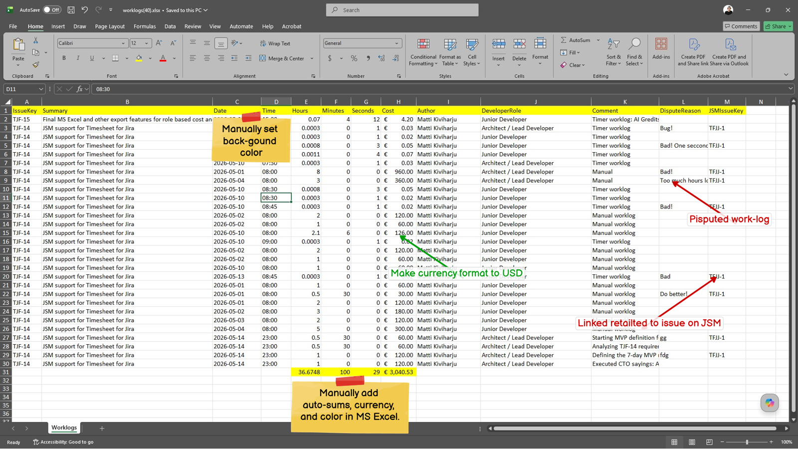 Export billable and payroll work-hours to Microsoft Excel with comments, precise durations, and cost tracking.