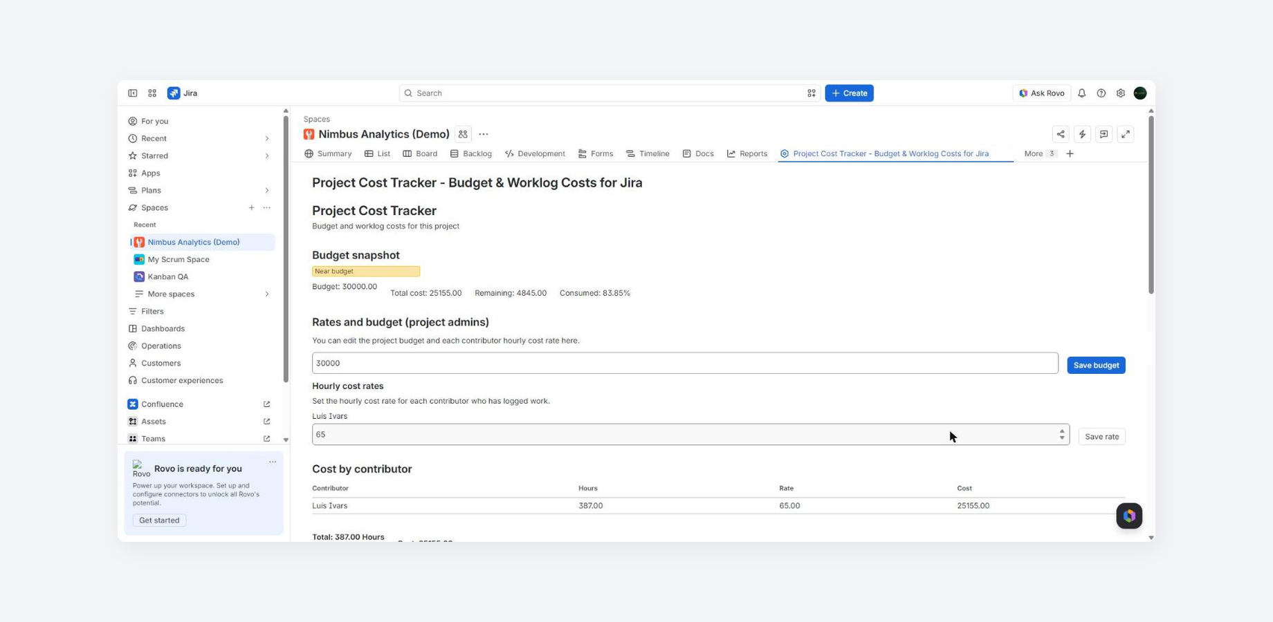 Budget snapshot, rates and costs on one project page