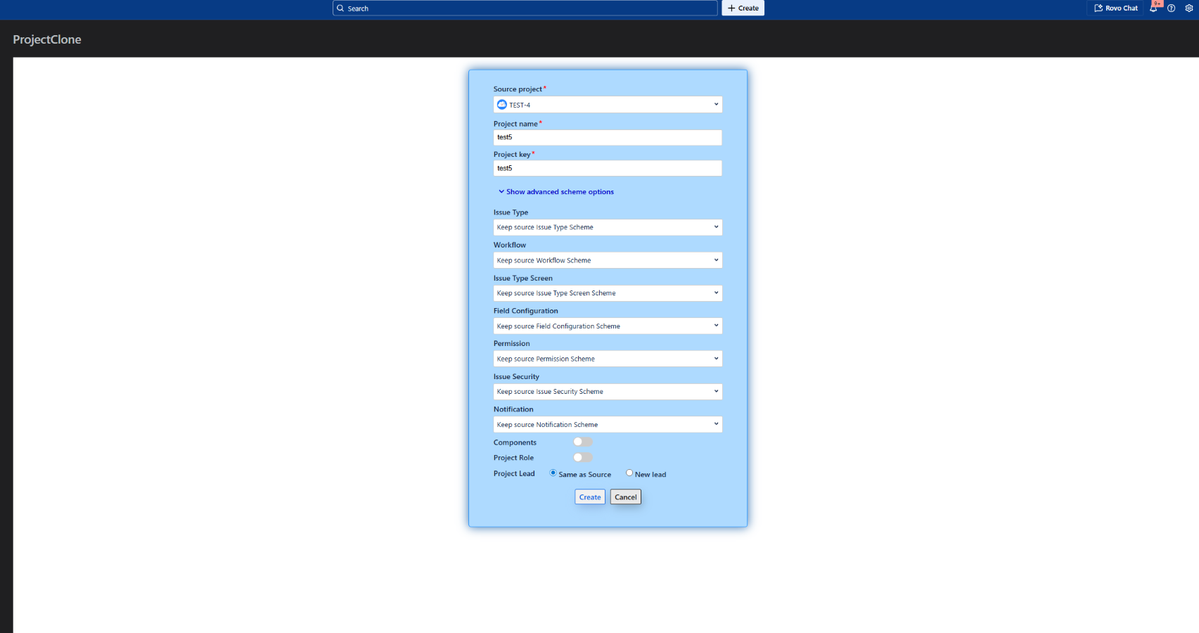 ProjectClone application interface showing the project configuration modal with source project dropdown , project name and key fields, and expandable advanced scheme options for cloning settings.
