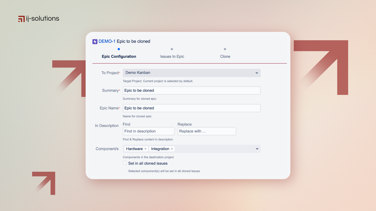 Clone Jira issues across projects on your terms: Modify Parent Issue fields including assignee, components, fix versions, due date, epic name, and more.