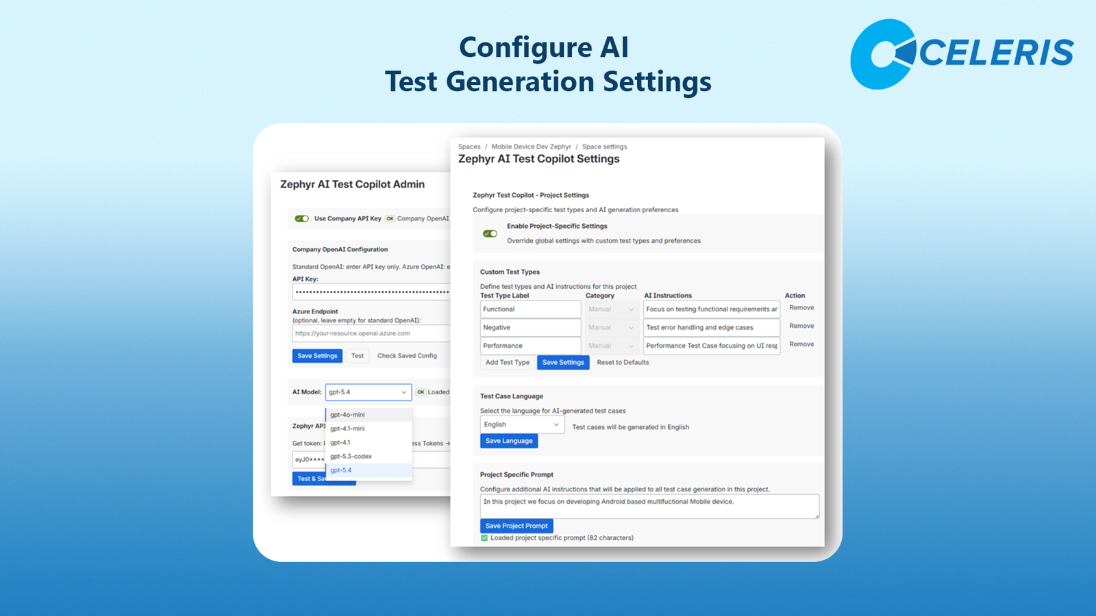 Configure AI-powered Zephyr test generation by customizing test types, language, and reusable instructions for each project.