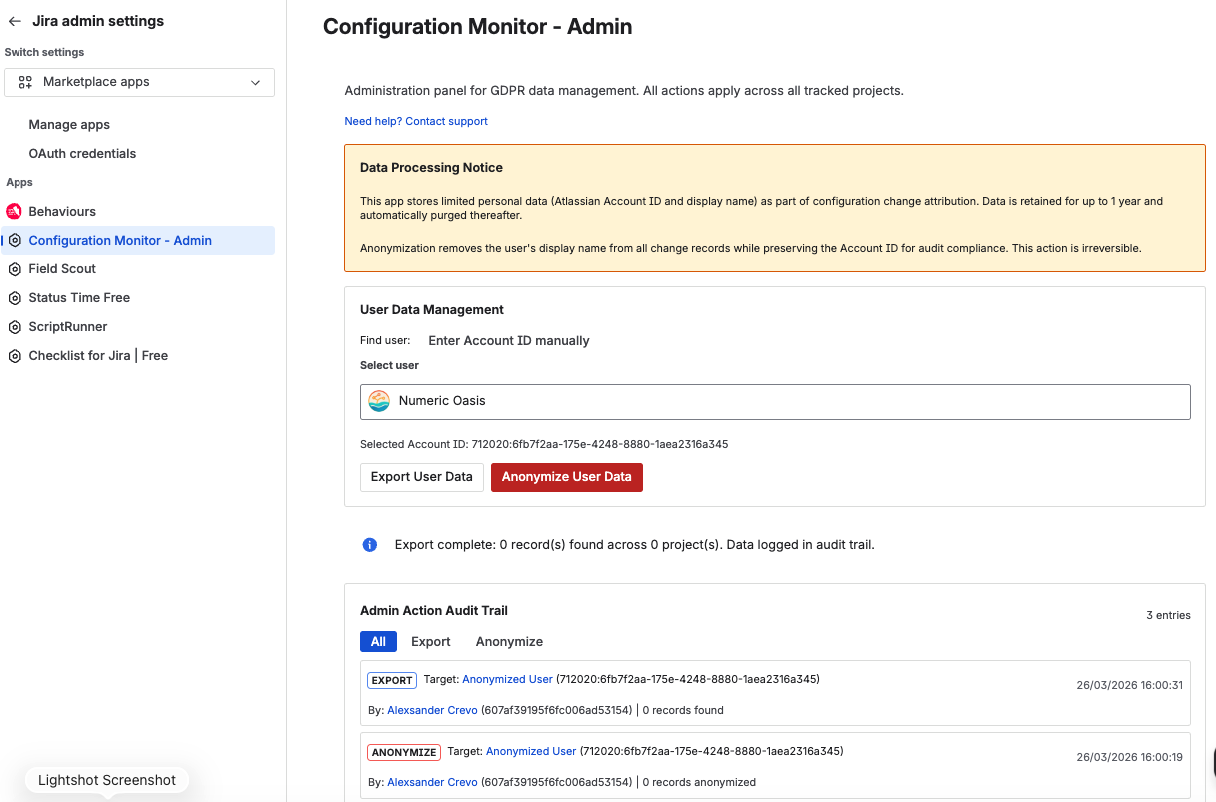 Admin panel with GDPR user data export, anonymization controls, and admin action audit trail