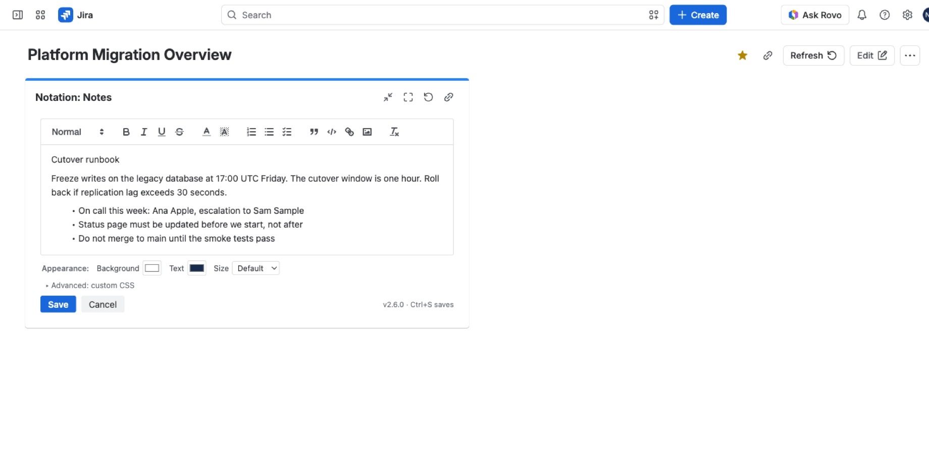 The note open for editing with the full formatting toolbar and appearance controls visible