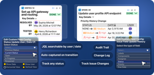 Status Update User/Date Field automatically records who changed a status and when; Issue Field History tracks the full change log of any field.