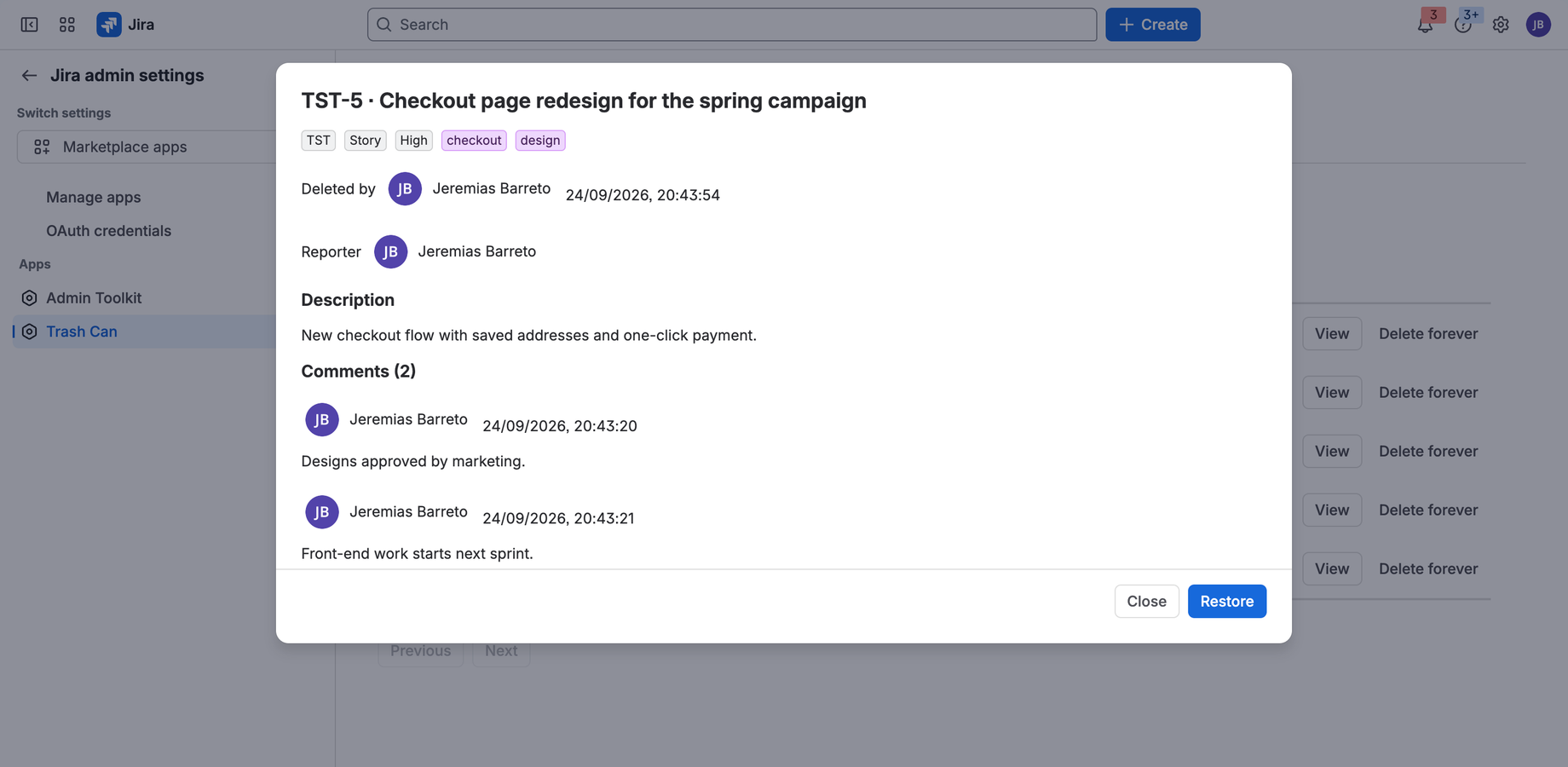 A deleted issue opened in the Trash Can with its description and comments.