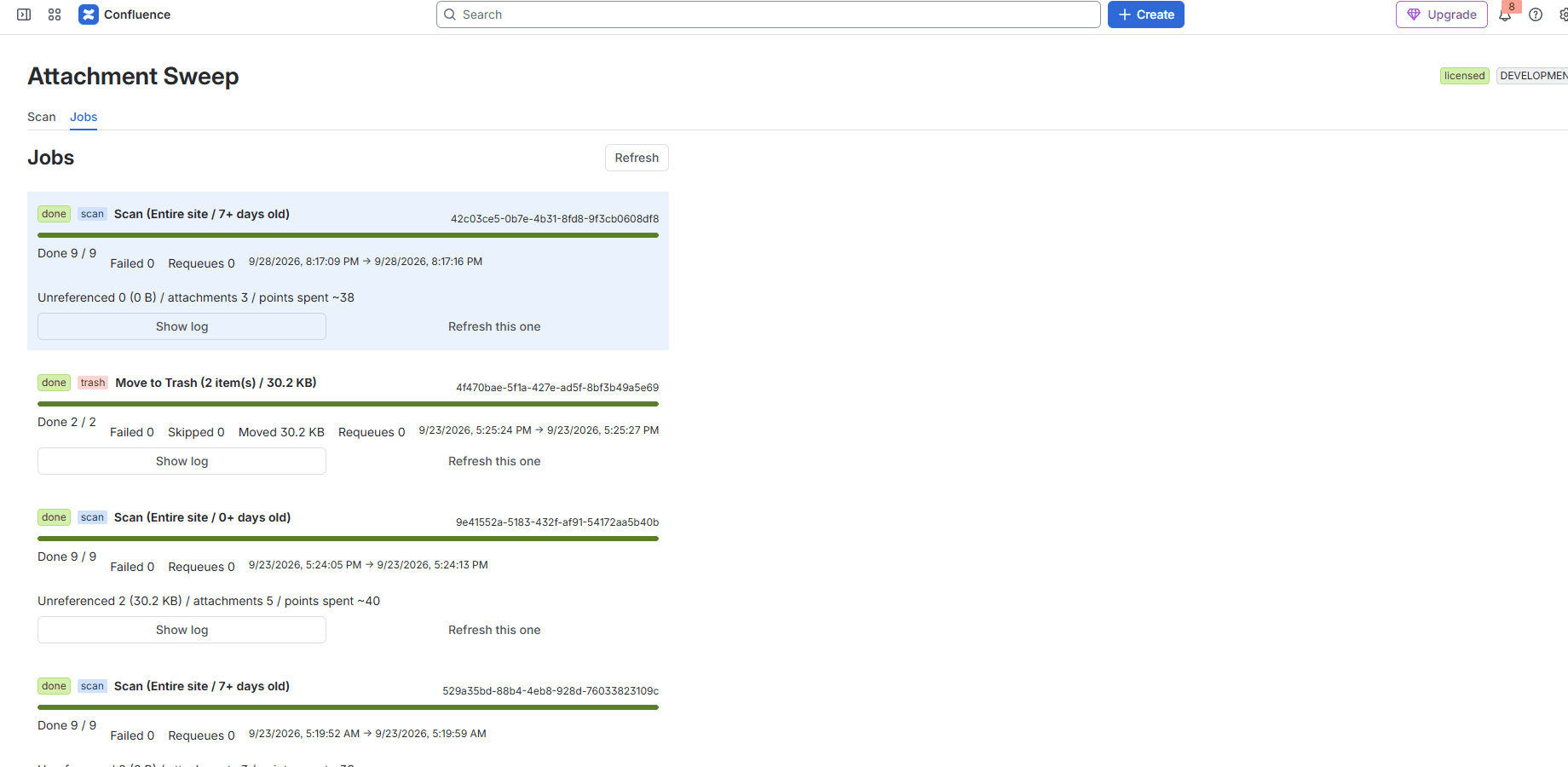 The Jobs tab: scans and trash jobs with progress, points used and logs.
