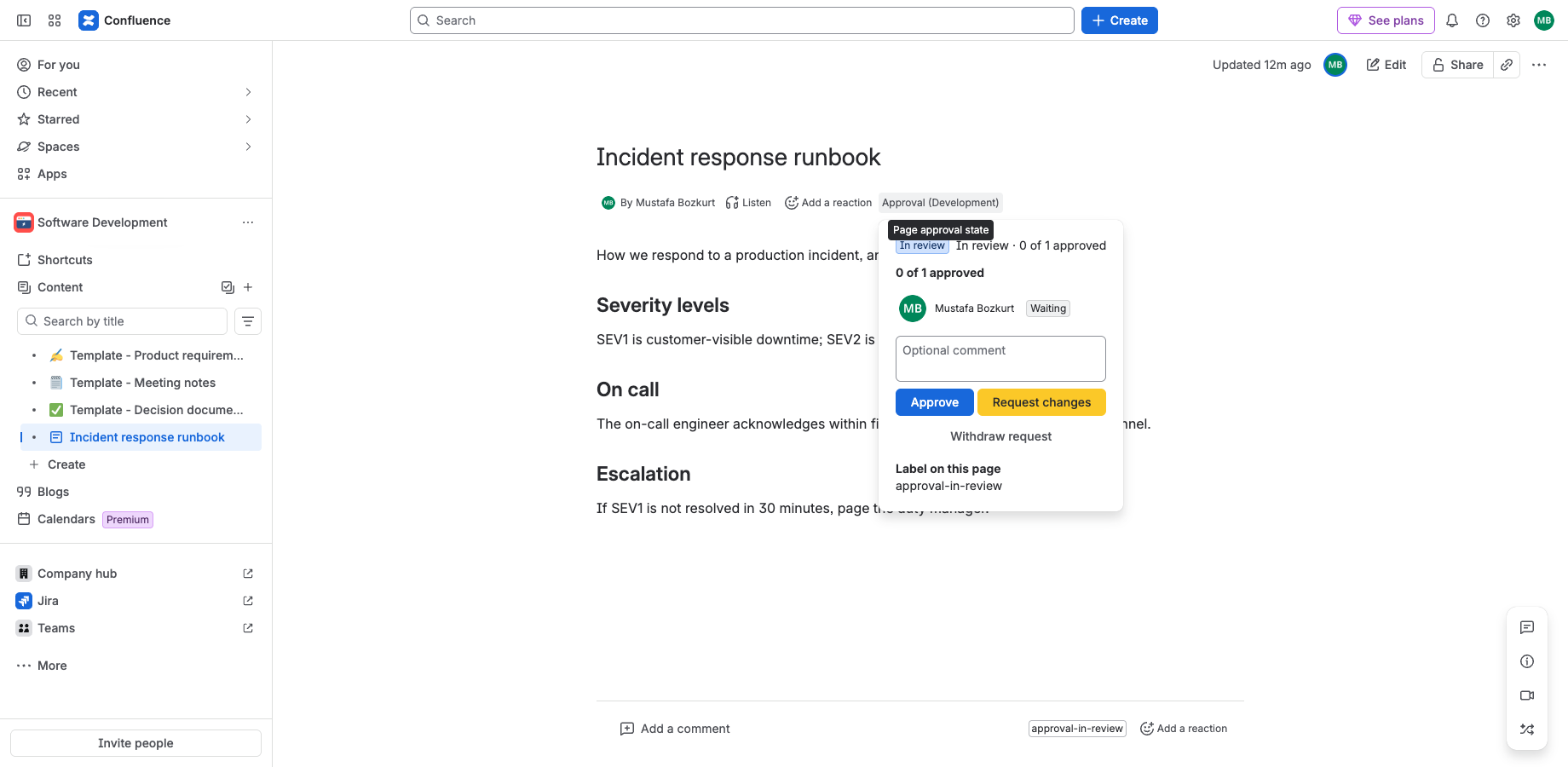 The approval panel on a Confluence page: reviewers, their decisions and the version the approval was given for.