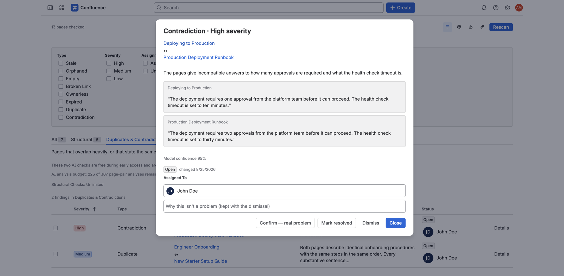 Two deployment pages disagree on approvals and health-check timeout — one says one approval and ten minutes, the other says two and thirty. Both sentences are quoted verbatim so you can judge the call yourself.