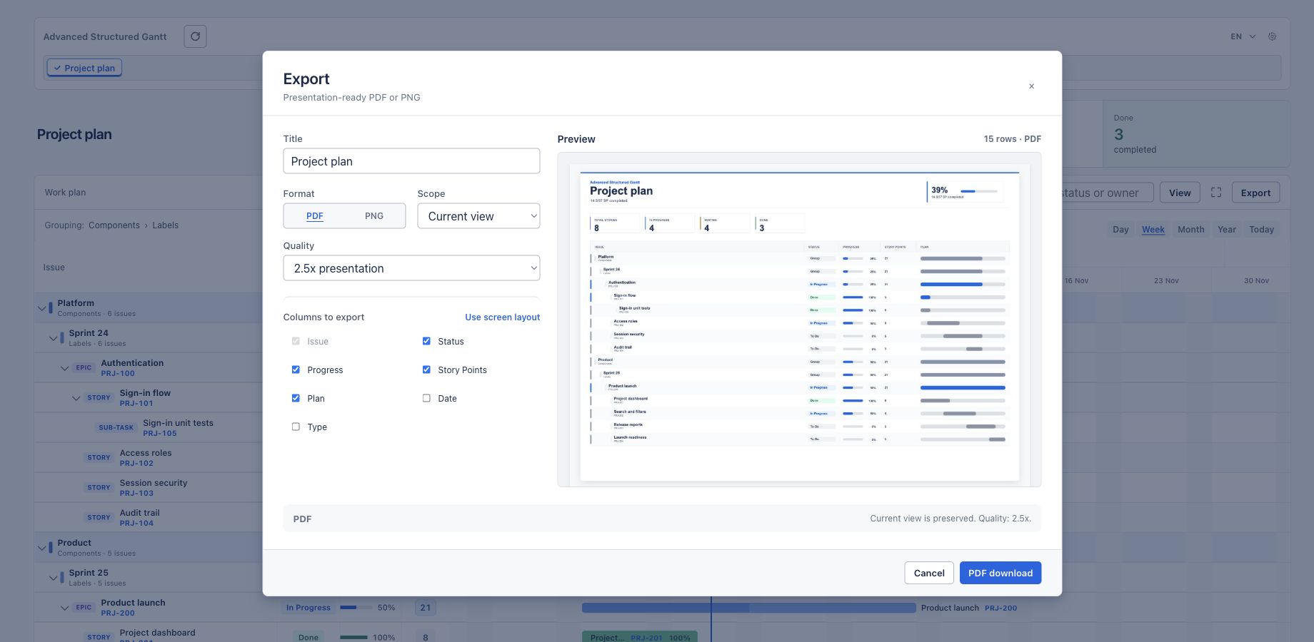 Export controls and a report preview with project progress, story points and planned work.