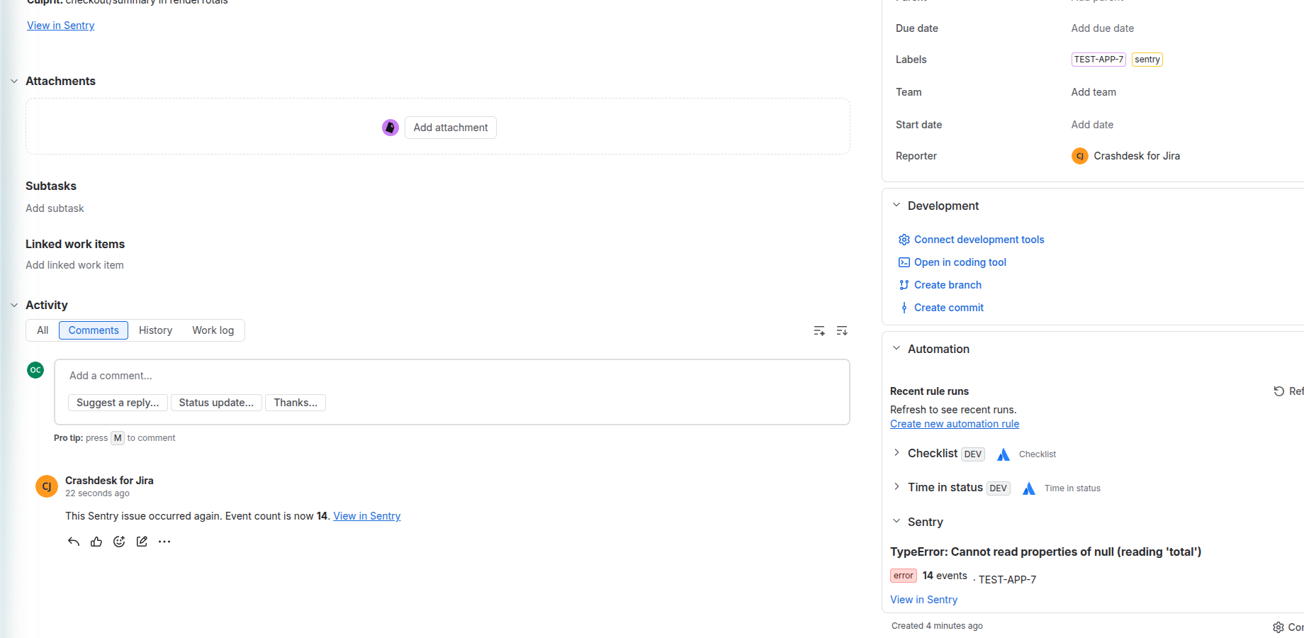 A recurrence commented onto the existing issue, with the event count now at 14.
