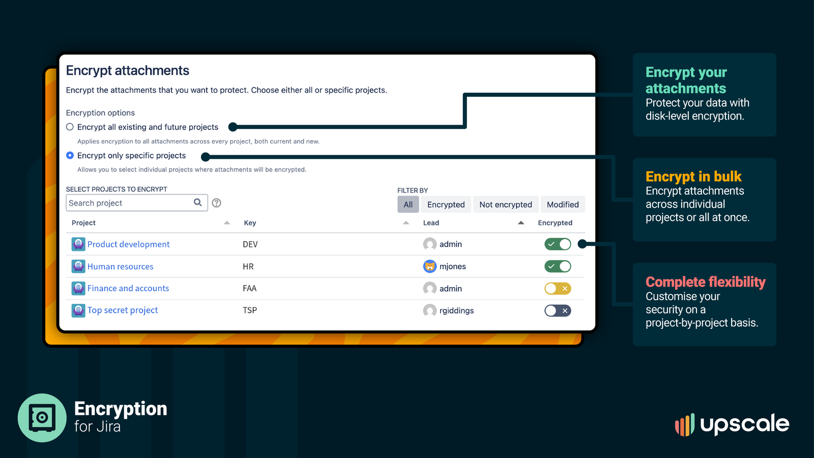 Use Encryption for Jira ot instantly encrypt attachments across individual or all projects at once.