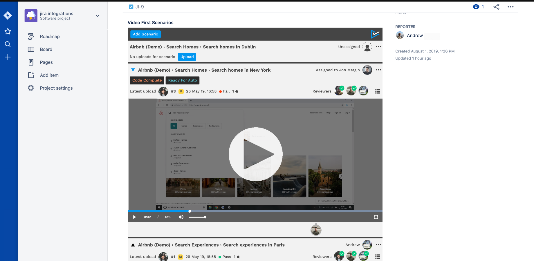 Main Video First view inside of Jira. See latest test video for each test scenario.
