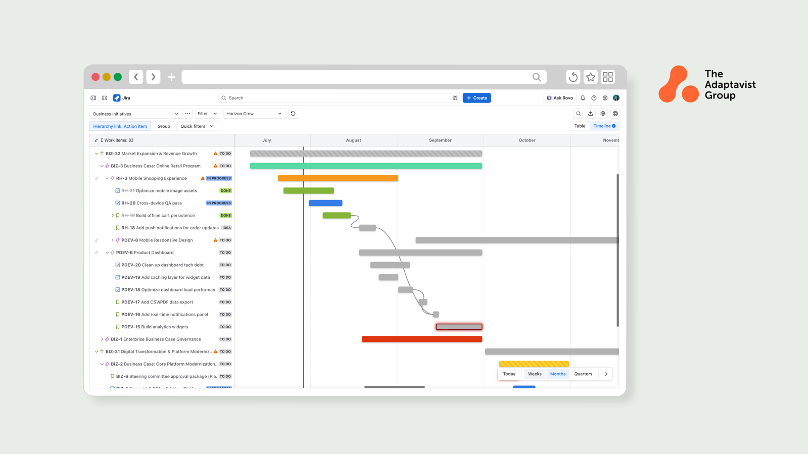 See project schedules in drag-and-drop Gantt-style timelines. View multiple projects across your portfolio, drag to adjust dates, track progress, and see key insights by hovering over the timeline bars.