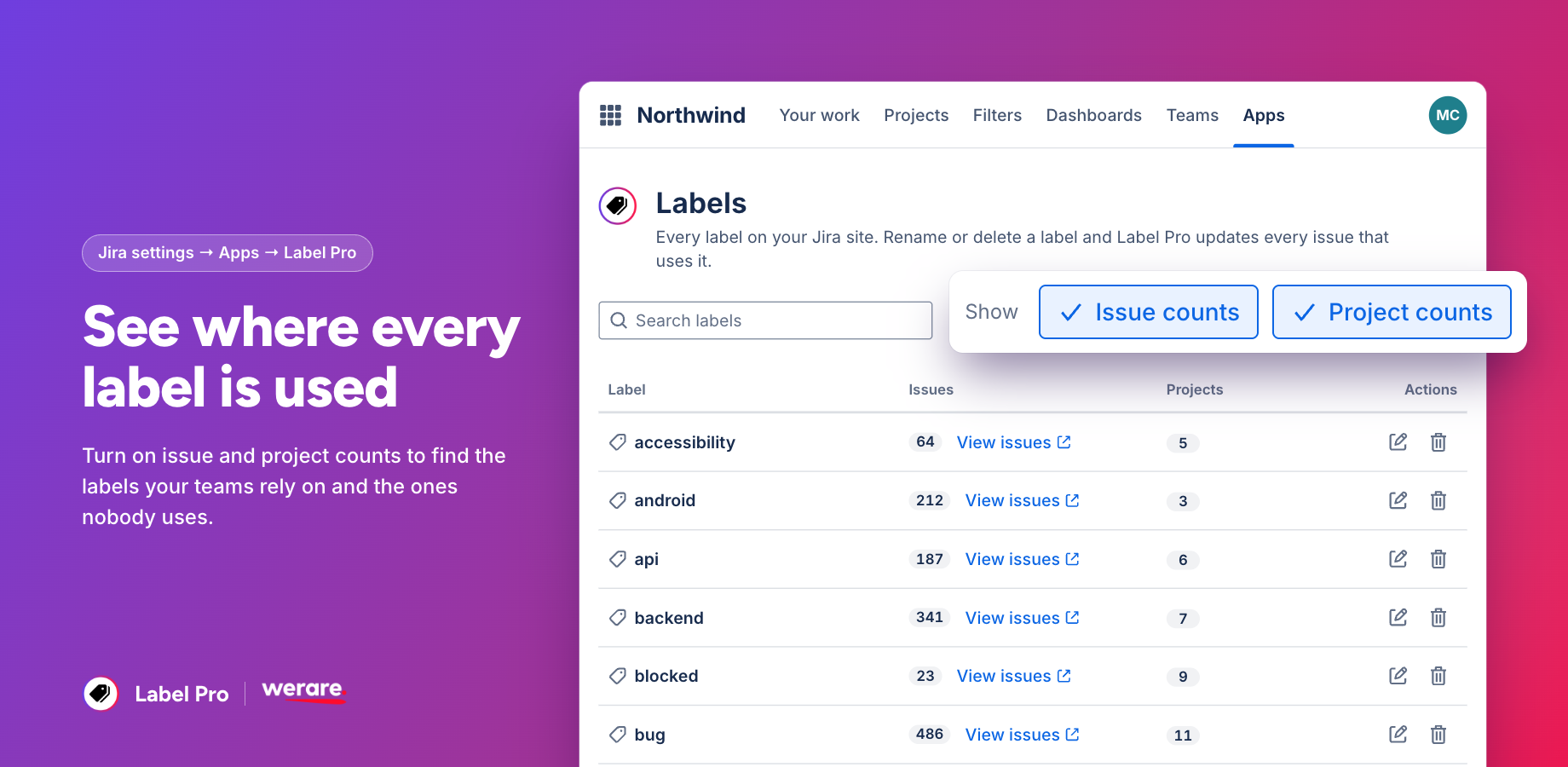 The Labels page in Jira settings lists every label on your site with its issue count, project count and a View issues link, so you can spot unused labels before you clean up.