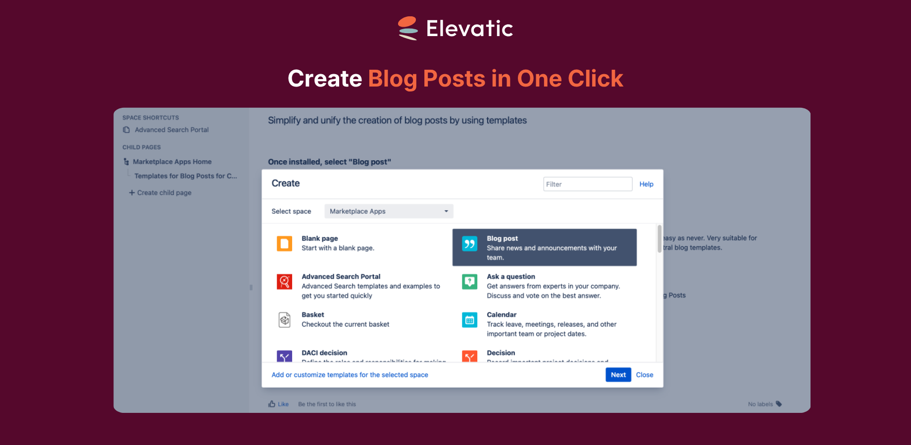 Once installed, the blog post templates are available through the "Blog post" blueprint and displayed in the "Create" dialogue.
