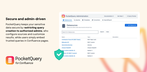 PocketQuery keeps your sensitive data secure by restricting query creation to authorized admins, who configure sources and customize results, while users simply embed trusted queries in Confluence pages.