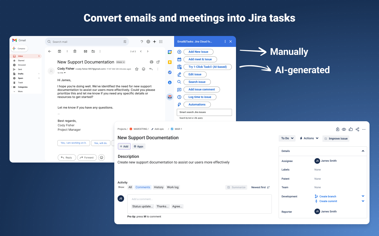 Turn emails and Google Calendar meetings into Jira tasks with AI.