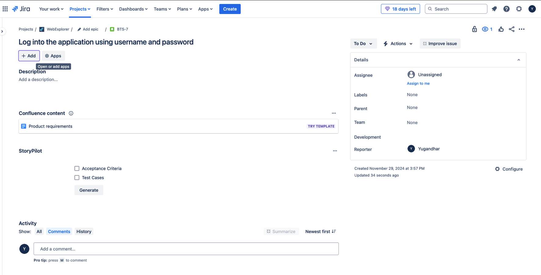 The StoryPilot panel provides a user-friendly interface for generating and managing test cases and acceptance criteria. Select options, generate content, and create sub-tasks effortlessly within your Jira issues.