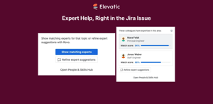 Jira issue panel suggesting matching experts with match scores, with suggestions refined using Atlassian Rovo.