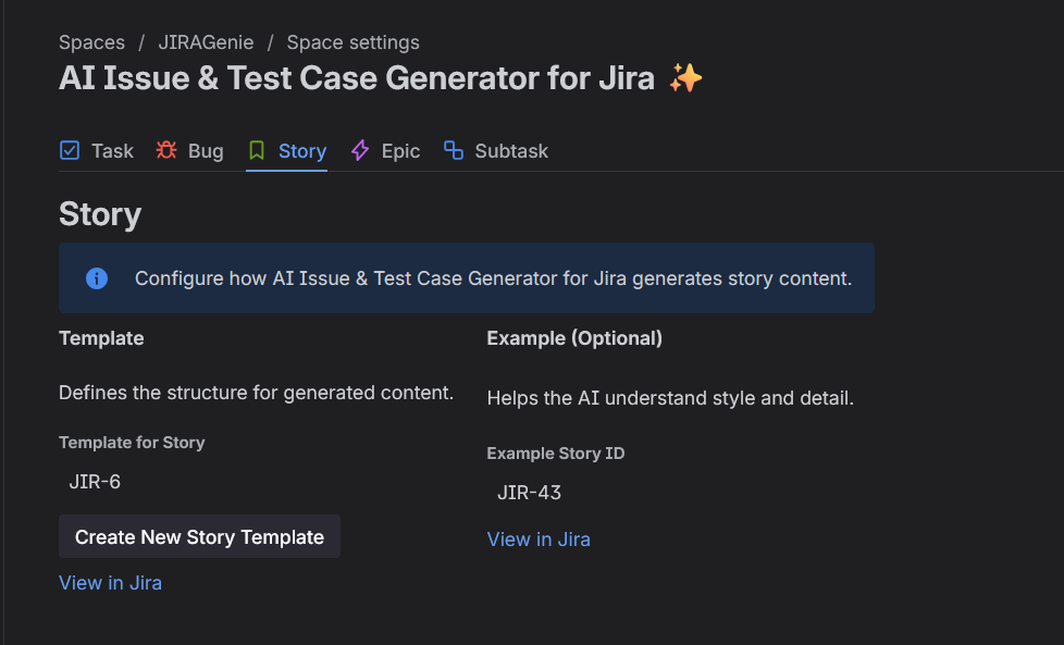 The Admin Configuration screen allowing you to map specific templates and examples to different Jira Issue Types.