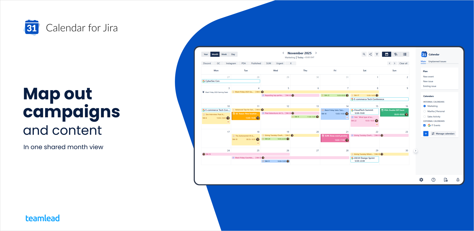 Map out campaigns and content in one shared calendar.