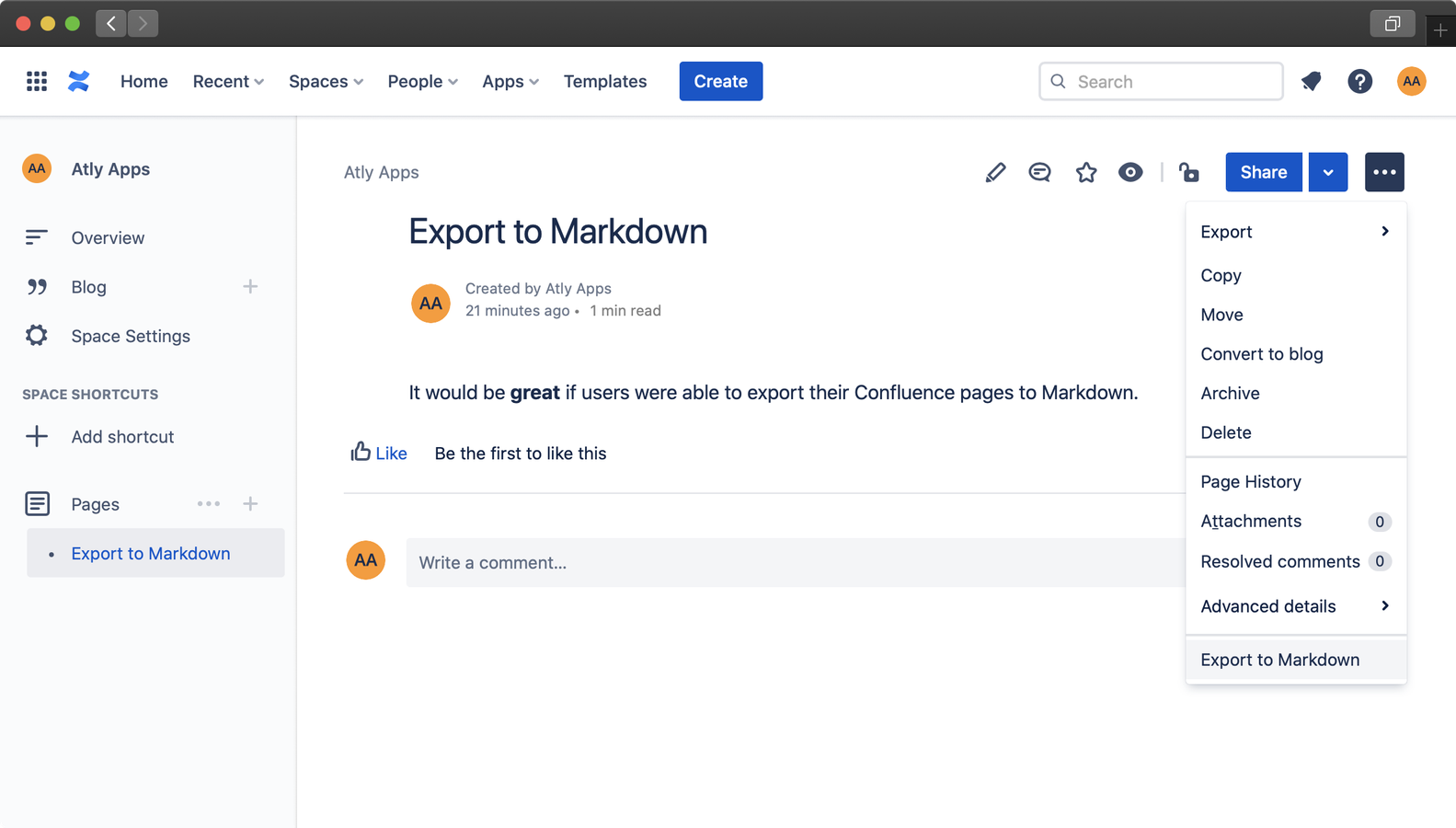 Export to Markdown in the actions menu of a page