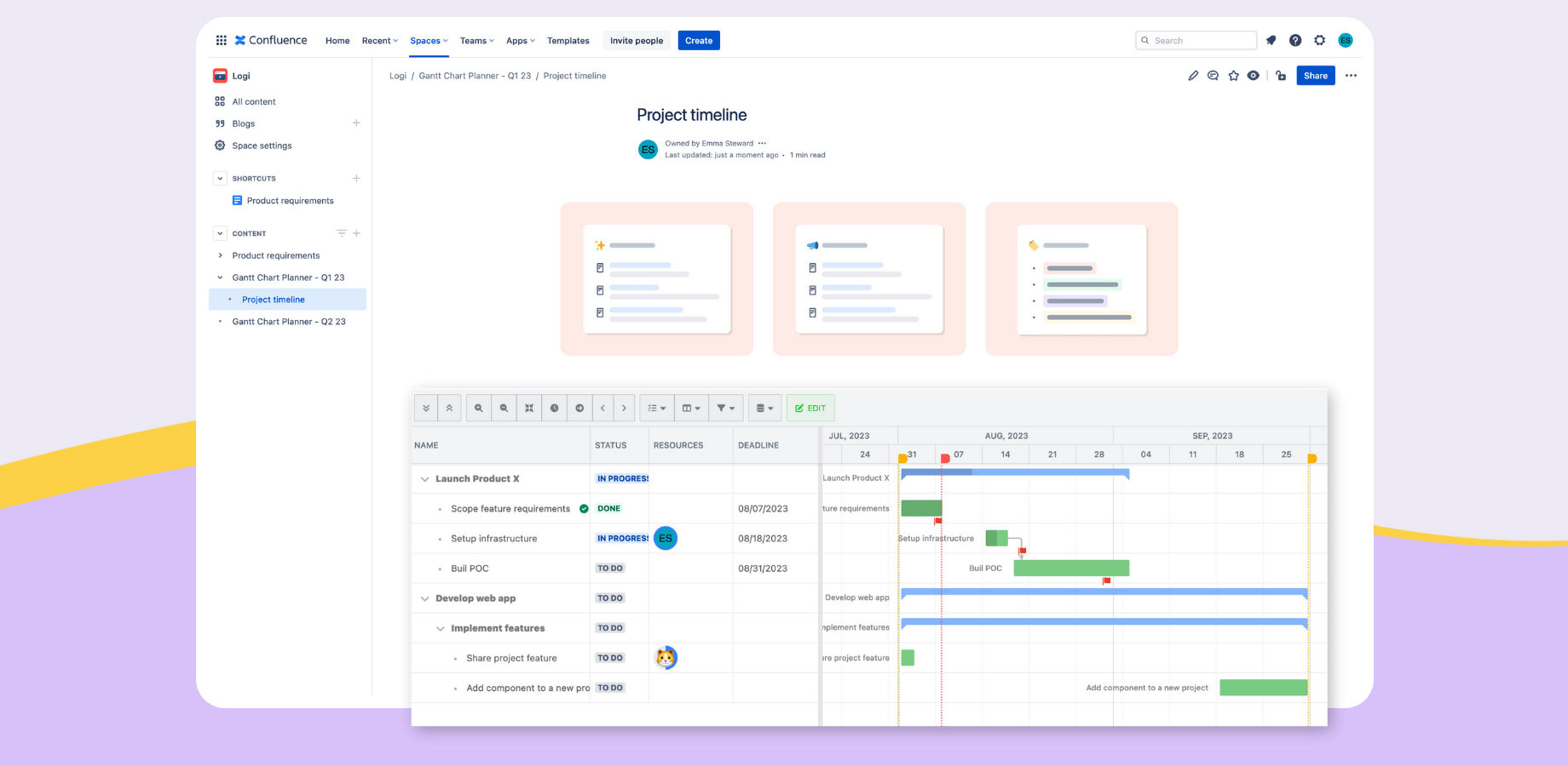 Gantt Chart in Confluence for project roadmap and timeline visualization, plan and track work in a hierarchical view with auto-scheduling capability