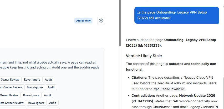 The Page Health Auditor reads the page as you and answers "Is this still accurate?