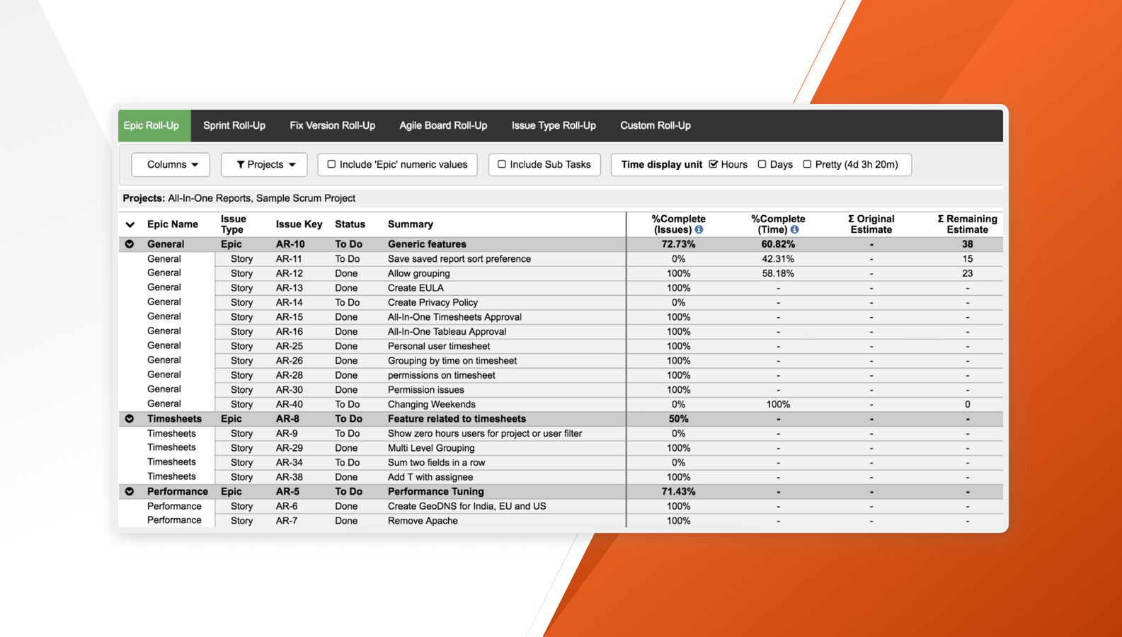 ​View a detailed Breakdown of a Roll-Up Summary report in Jira.