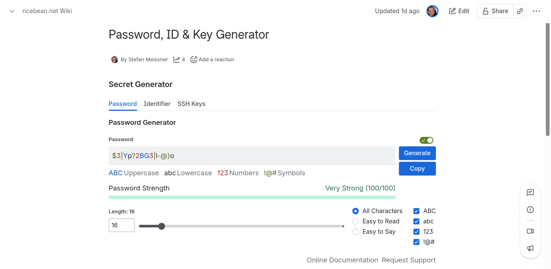 Create custom passwords with a slider for length and options to select specific character sets. The app instantly visualizes password strength in points and color.