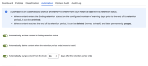 Automation including archiving when content enters the expiry warning period (set in the retention policy), deletion at expiry, and purge 90 days after deletion 