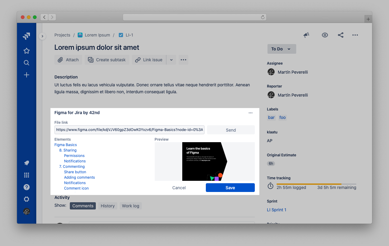 ​By sharing Figma designs, your team is always on the same page. Add the Figma URL, select a Page or Frame, and save it on an Issue so everyone can see how designs are progressing.